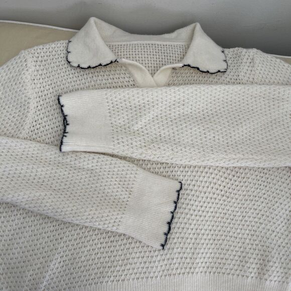 Corean Open Stitch Knit Polo Sweater Contrast Scallop Hem M - Picture 8 of 8